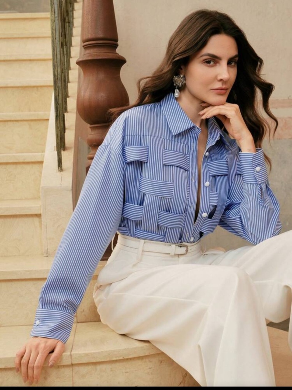 Classic Unique Panel Button Up Down Front Shirt Top Blouse Blue White - Picture 4 of 14